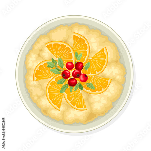 Bowl of Cereal or Oatmeal Porridge with Berries View From Above Vector Illustration