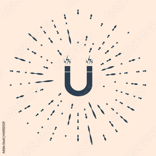 Black Magnet icon isolated on beige background. Horseshoe magnet, magnetism, magnetize, attraction. Abstract circle random dots. Vector Illustration.