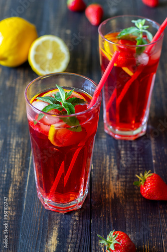 Strawberry lemonade with mint and lemon. Cold drinks. Summer. Recipe.