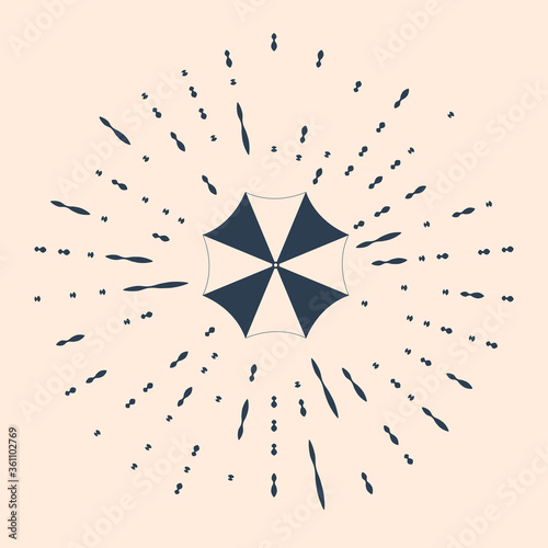 Black Sun protective umbrella fo beach icon on beige background. Large parasol for outdoor space. Beach umbrella. Summer vacation or picnic accessory. Abstract circle random dots. Vector Illustration.