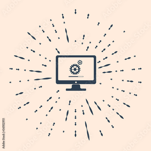 Black Computer monitor update process with gear progress and loading bar icon on beige background. System software update. Adjusting app, setting options, maintenance, repair. Vector Illustration.