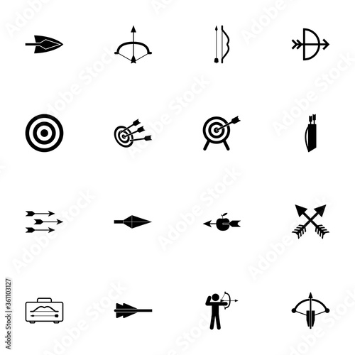 Bows and Arrows icon - Expand to any size - Change to any colour. Perfect Flat Vector Contains such Icons as target, archer, apple, suitcase, quiver, arrowhead, plumage, crossbow and more.