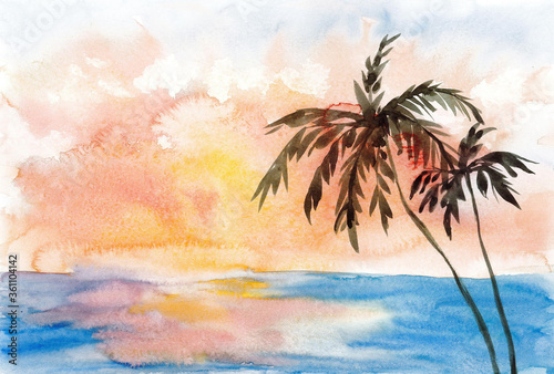 Exotic watercolor landscape. Black silhouettes of coast with palms and distant blurry island against crimson sunset sky reflected on water surface. Bright illustration integrated on white background