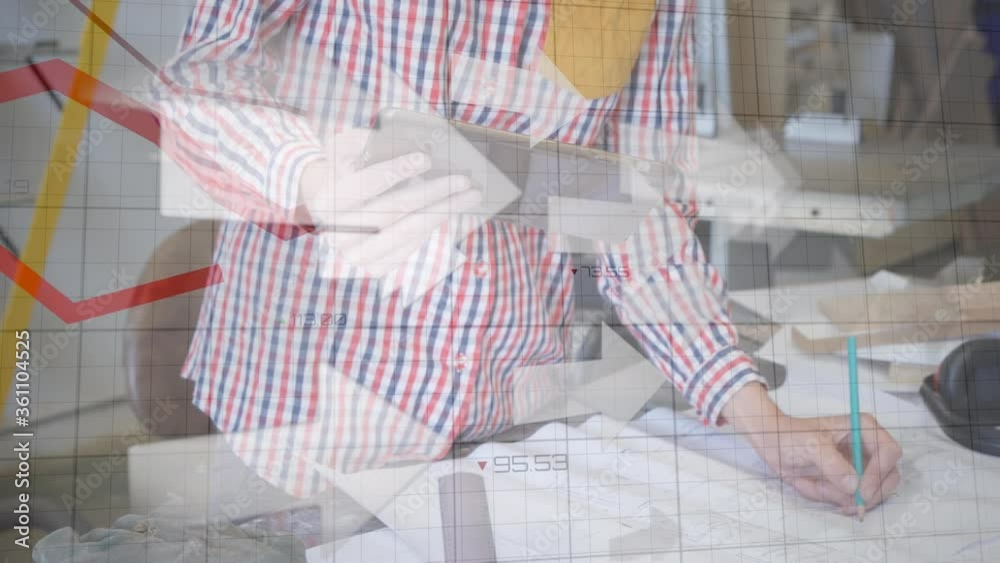 Multiple white arrows with a red graph moving against man using graphic tablet and writing on a pape Multiple white arrows with a red graph moving against man using graphic tablet and writing on a pape