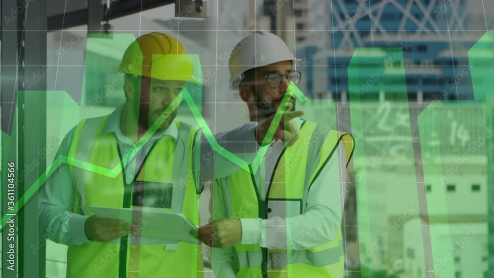 Mathemathical equations and green graph forming against two male architects looking at blueprints Mathemathical equations and green graph forming against two male architects looking at blueprints