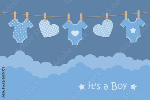 its a boy welcome greeting card for childbirth with hanging hearts and bodysuits vector illustration EPS10