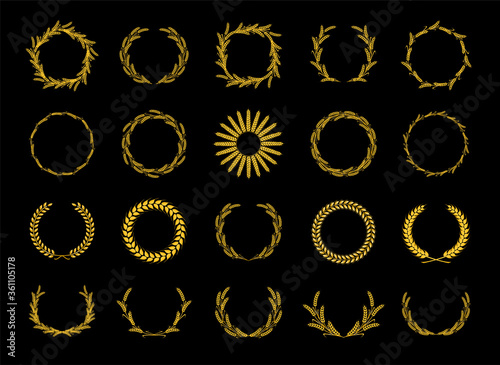 Gold wreaths of ears wheat. Design element for decoration of  award, coat of arms, logo, trademark, medal, label.  Golden silhouette on black background. Vector illustration