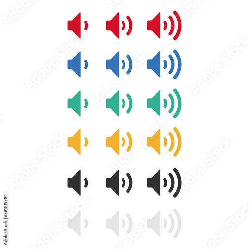 Vector volume icons set. 6 color design set of volume icons. Easy editable