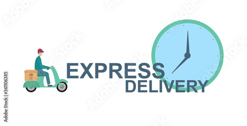 Delivery boy on scooter going towards watch, express delivery text