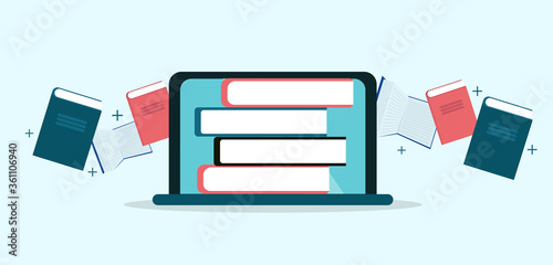 Ullustrative image, books flying into laptop, panorama