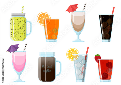 Set of cartoon food non-alcoholic beverages - tea, herbal tea, hot chocolate, latte, mate, coffee, root beer, smoothie, juice, milk shake, lemonade and so. Vector illustration, isolated on white