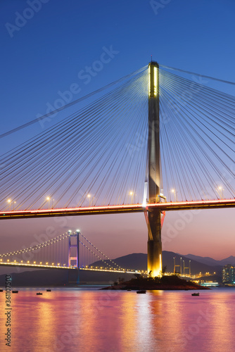 Fototapeta Naklejka Na Ścianę i Meble -  Ting Kau Bridge and Tsing Ma Bridge in Hong Kong at dusk
