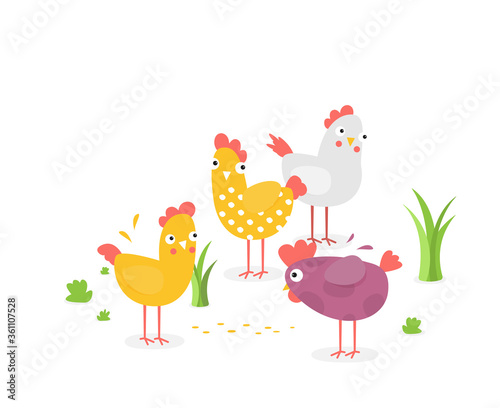 Cartoon flat vector chicken funny set