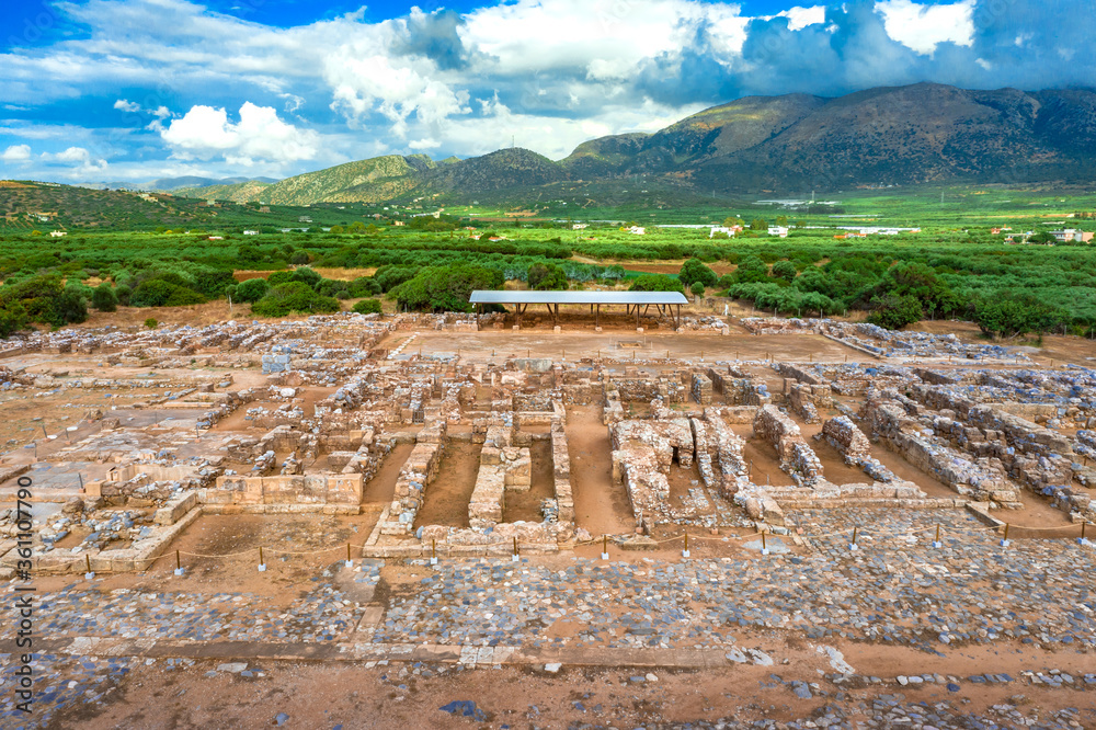 Aerial view of the ruins of the Minoan palace in Malia, Crete, Greece