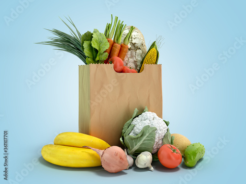 fresh food in a paper bag for products 3d render on blue gradient