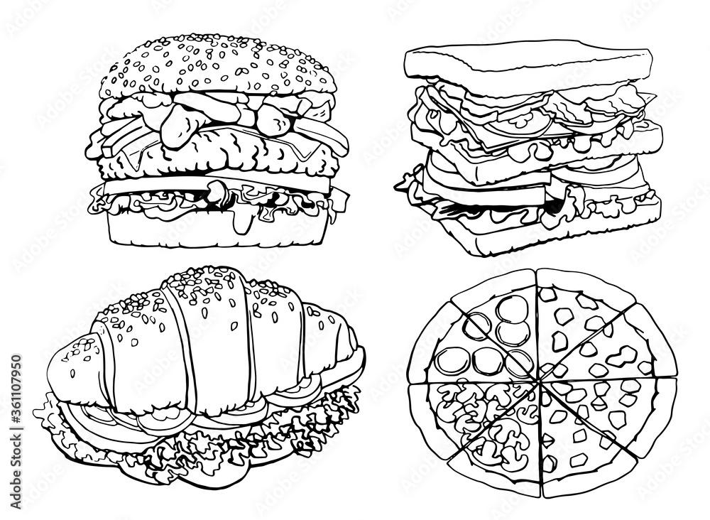 Vector set of fast food isolated, burger,pizza and croissant for coloring and printing