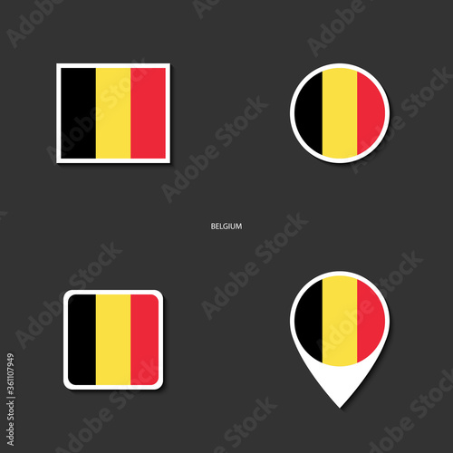 Belgium flag icon set in different shape ( rectangle, circle, square and marker icon ) on dark grey background. Belgium sticker flag collection on barely dark background.