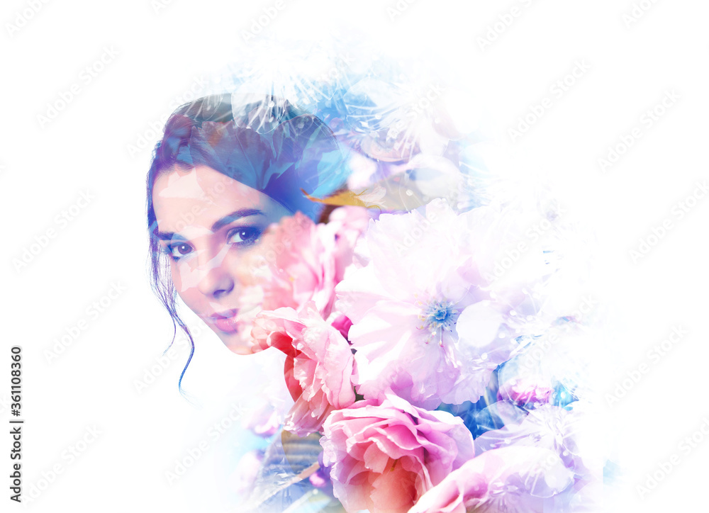 Double exposure of beautiful woman and blooming flowers