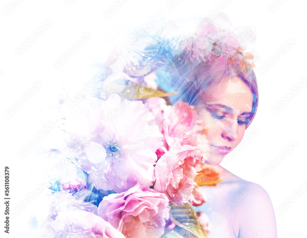 Double exposure of beautiful woman and blooming flowers