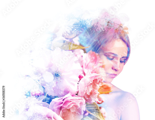 Double exposure of beautiful woman and blooming flowers © New Africa