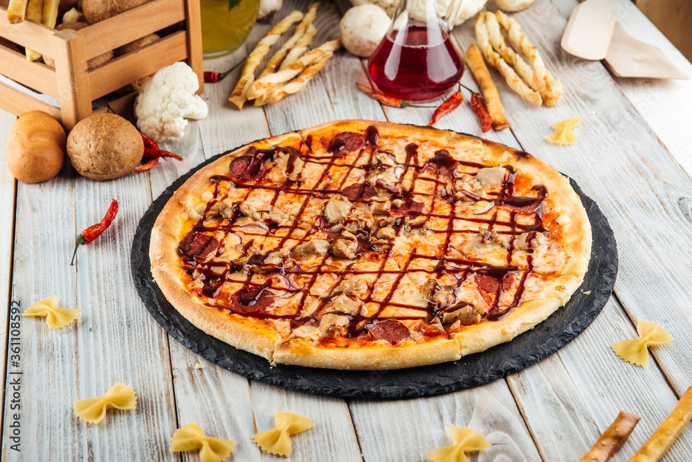 Barbecue pizza pepperoni red onion and mozzarella Barbecue pizza pepperoni red onion and mozzarella