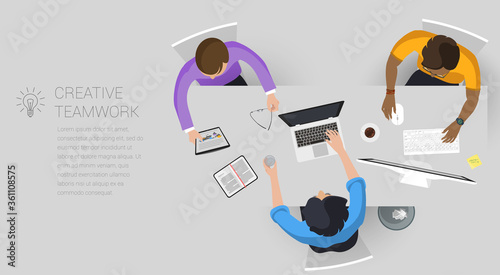 Flat design web page concept for creative business process and business strategy, teamwork. Trendy vector illustration home office and outsource mock up for website and mobile app.