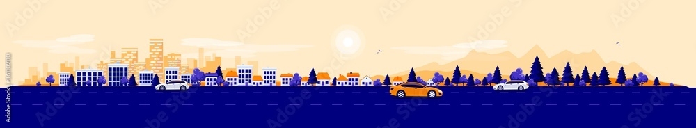 Empty road traffic in urban landscape street with cars, city skyline office buildings, family houses in town and mountain with trees in background. Orange blue flat vector cartoon style illustration.