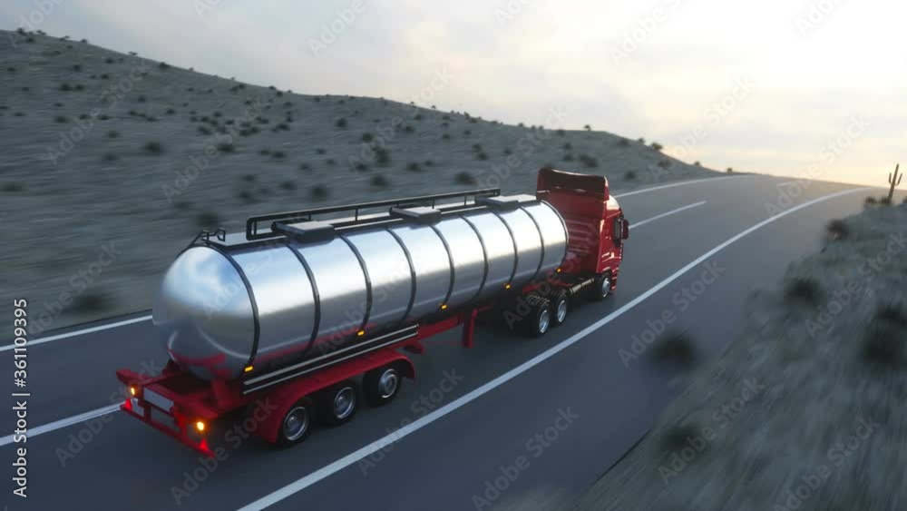 Gasoline tanker, Oil trailer, truck on highway. Very fast driving. Realistic auto animation.