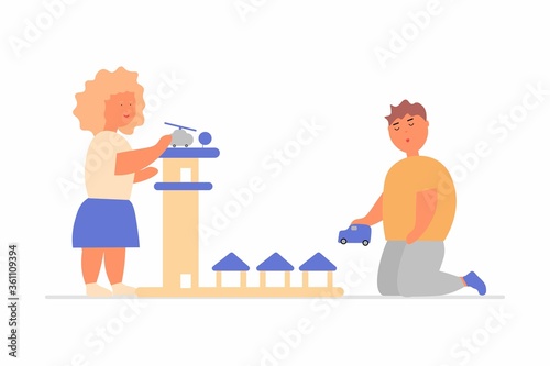 Boy and girl plays with toy car, toy helicopter and toy garage. Cartoon vector illustration on isolated background