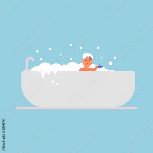 Child takes a bubble bath with toy boat. Bath time. Cartoon vector illustration