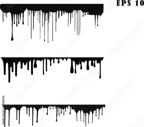 Black dripping ink painted oil drips liquid drops art messy paint splatter melt fluid spots. Dripping paint swashes just a collection of various size paint drips. 