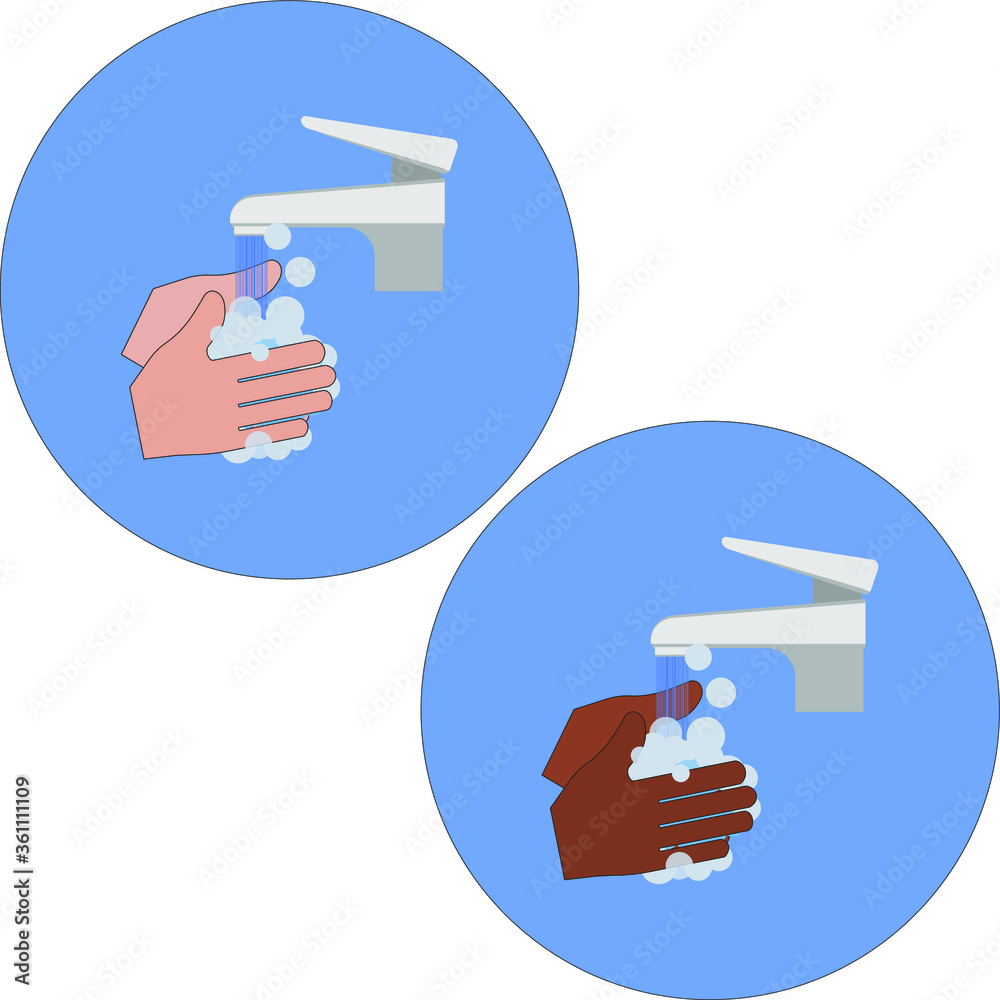 Set of icons washing hands with tap water. hand disinfection. hand antiseptic. hands of a white man and an African American Set of icons washing hands with tap water. hand disinfection. hand antiseptic. hands of a white man and an African American