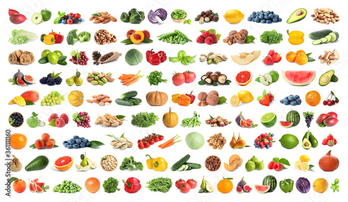 Set of fruits  vegetables. berries and nuts on white background. Banner design