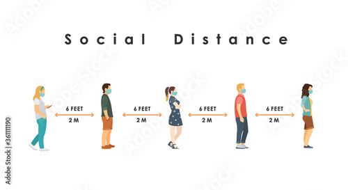 social distance. Full length sick people in medical masks standing in line against at a safe distance of 2 meters or 6 feet. flat vector illustration