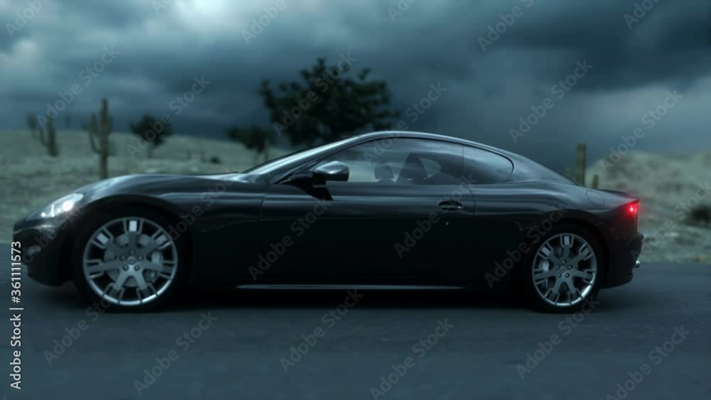 Black sport car on road, highway. Dark environment. Super realistic 4K animation. Black sport car on road, highway. Dark environment. Super realistic 4K animation.