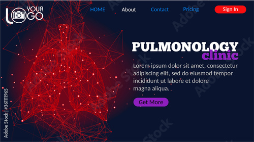 Pulmonology clinic landing page. Futuristic medical concept with red human lungs. Abstract geometric design with plexus effect on dark background. Healthcare and pulmonology banner with copy space.