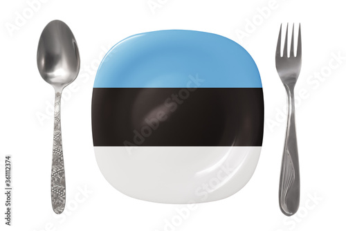 Plate with the Estonian flag. An empty plate with a spoon and fork on a white background. Isolated image