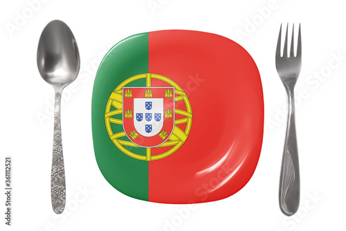 Plate with the Portuguese flag. An empty plate with a spoon and fork on a white background. Isolated image