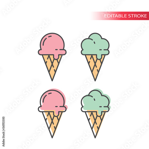 Ice cream with waffle cone colorful icon set. Ice cream pink and mint, colorful fill, editable line icons.
