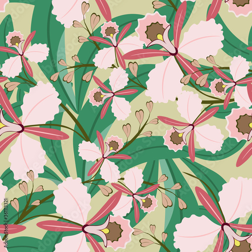 Tropical seamless pattern. Vector background in hawaiian style with hand drawn pink orchid flowers and green leaves. Elegant botanical texture. Stylish summer design for textile, wallpapers, prints