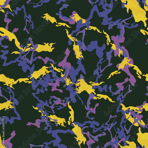 Urban camouflage of various shades of green, violet and yellow colors