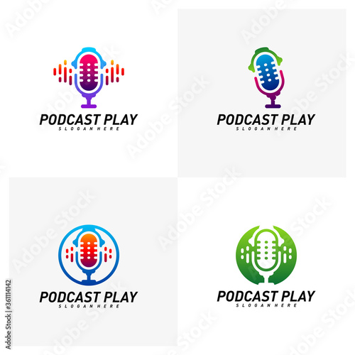 Set of Podcast creative design logo vector concept. Play podcast logo template. Icon symbol