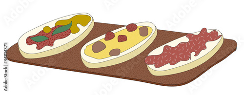 Doodle cartoon hipster style colored vector illustration. A set of bruschetta tapas canape appetizers. Bar restaurant menu ads, poster, card, farmers market food decor, website design or stickers
