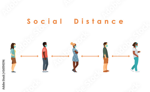 social distance. Full length sick people in medical masks standing in line against at a safe distance of 2 meters or 6 feet. flat vector illustration