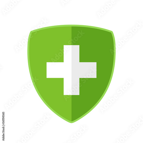 Medical health protection shield with cross. Healthcare medicine protected steel guard shield concept. Safety badge steel icon. Security safeguard metal label – for stock vector
