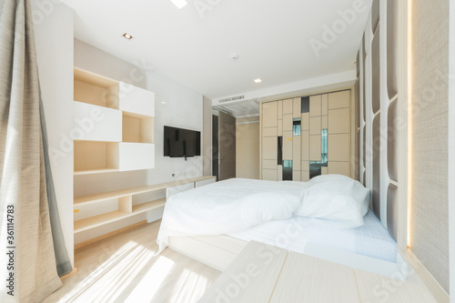 Modern peaceful Bedroom interior design in apartment.