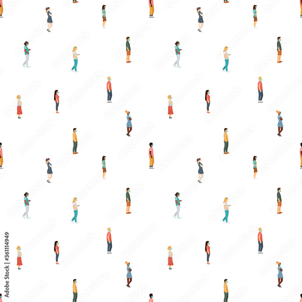 Seamless pattern crowd of masked men and women walk on a safe social distance, African Americans and Europeans.