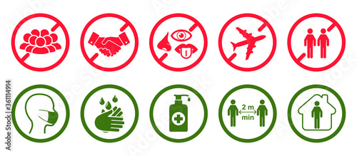 Сorona virus set infographic icons. Concept with protective safety measures and precautions warning signs antivirus icons related to coronavirus, 2019-nCoV, COVID-19 infection