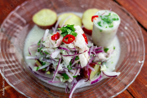 traditional Peruvian dish Ceviche with sweet potatoes with leche de tigre
