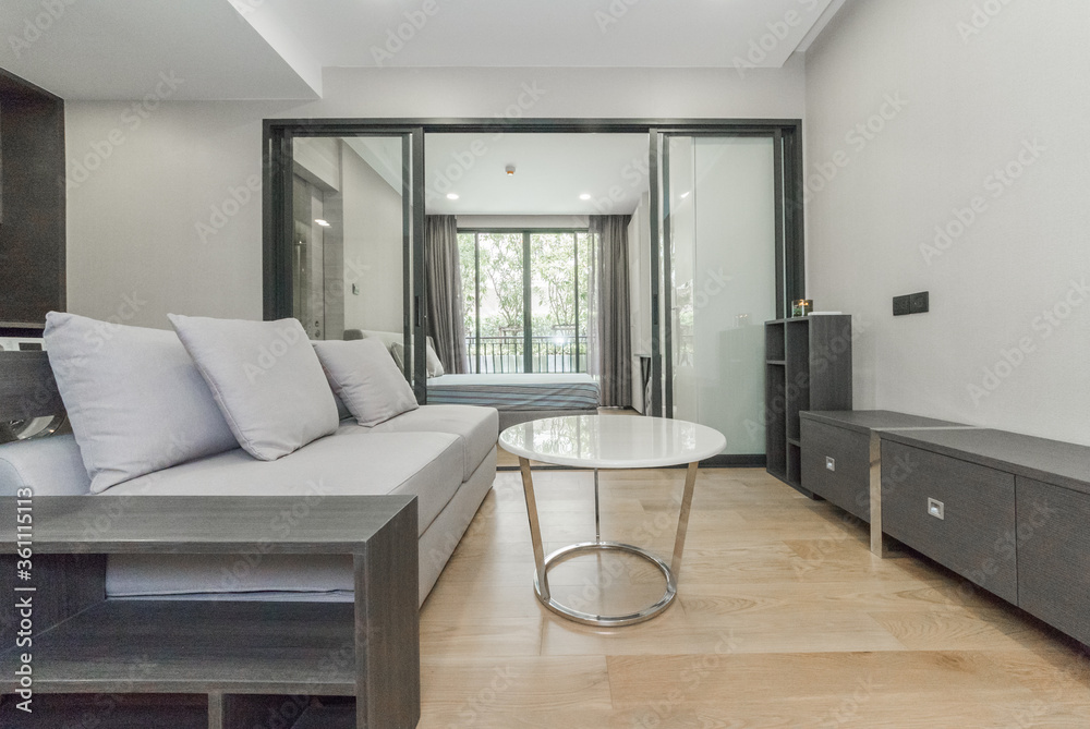 Fototapeta premium Beautiful and large living room interior.